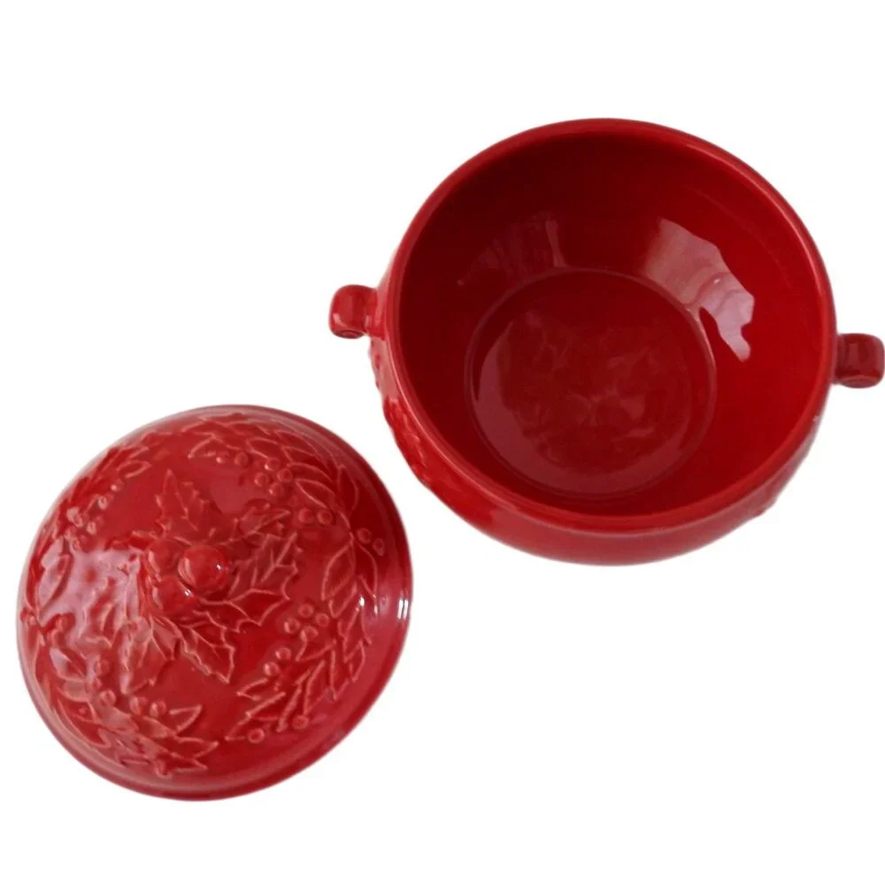 Sur La Table Red Ceramic Mini Crock Lidded Bowl Christmas Poinsettia Garland